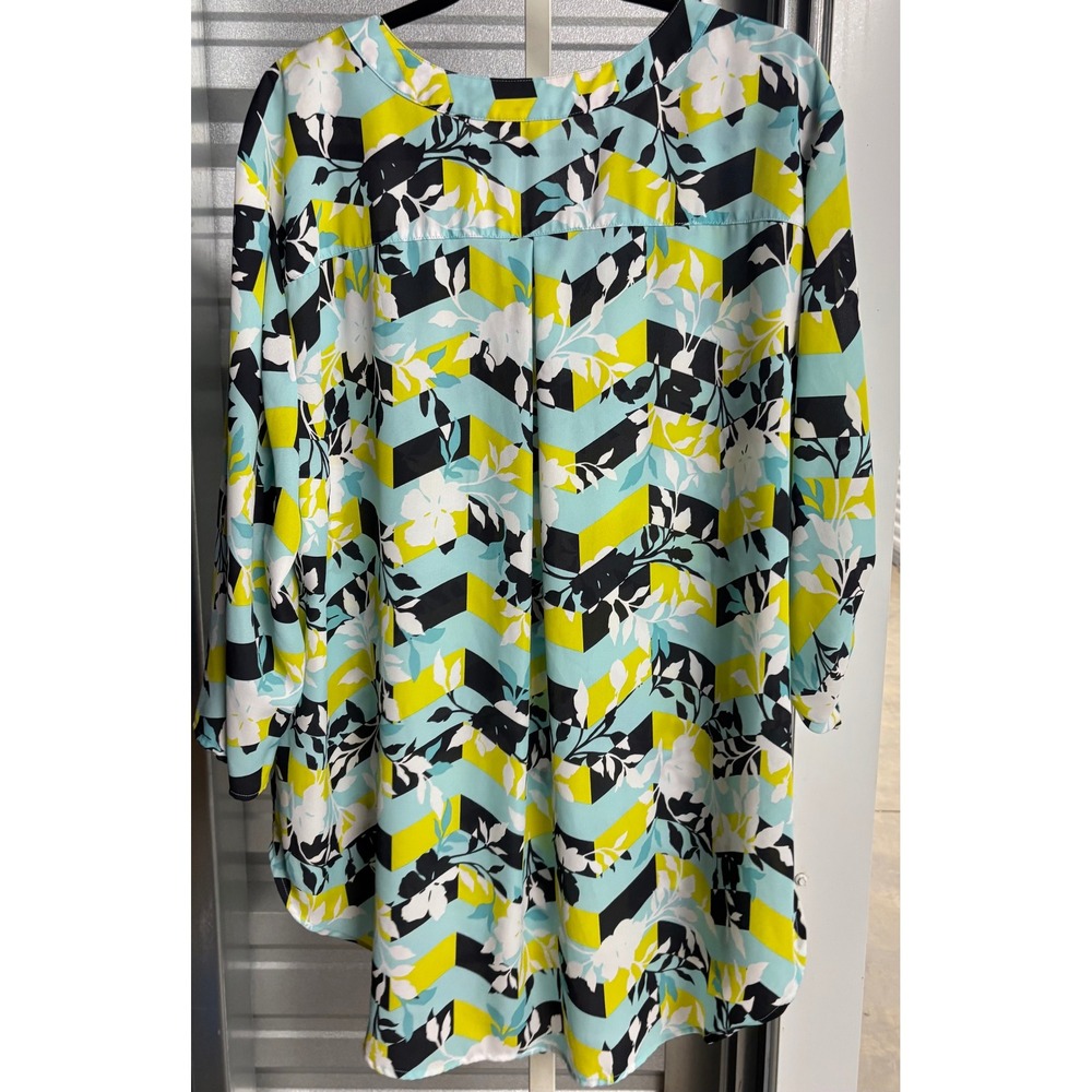 Cato Floral Chevron Print Split Neck Blouse Teal Lime 22/24W - Picture 4 of 6
